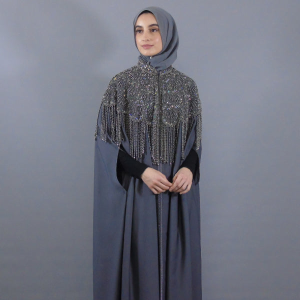 Exclusive Cape Abaya - Silver/Grey Beaded Embroidery