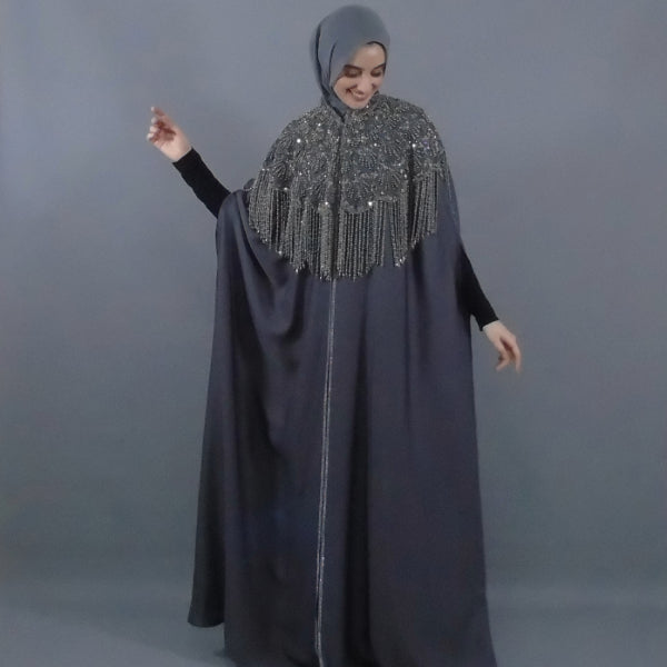 Exclusive Cape Abaya - Silver/Grey Beaded Embroidery