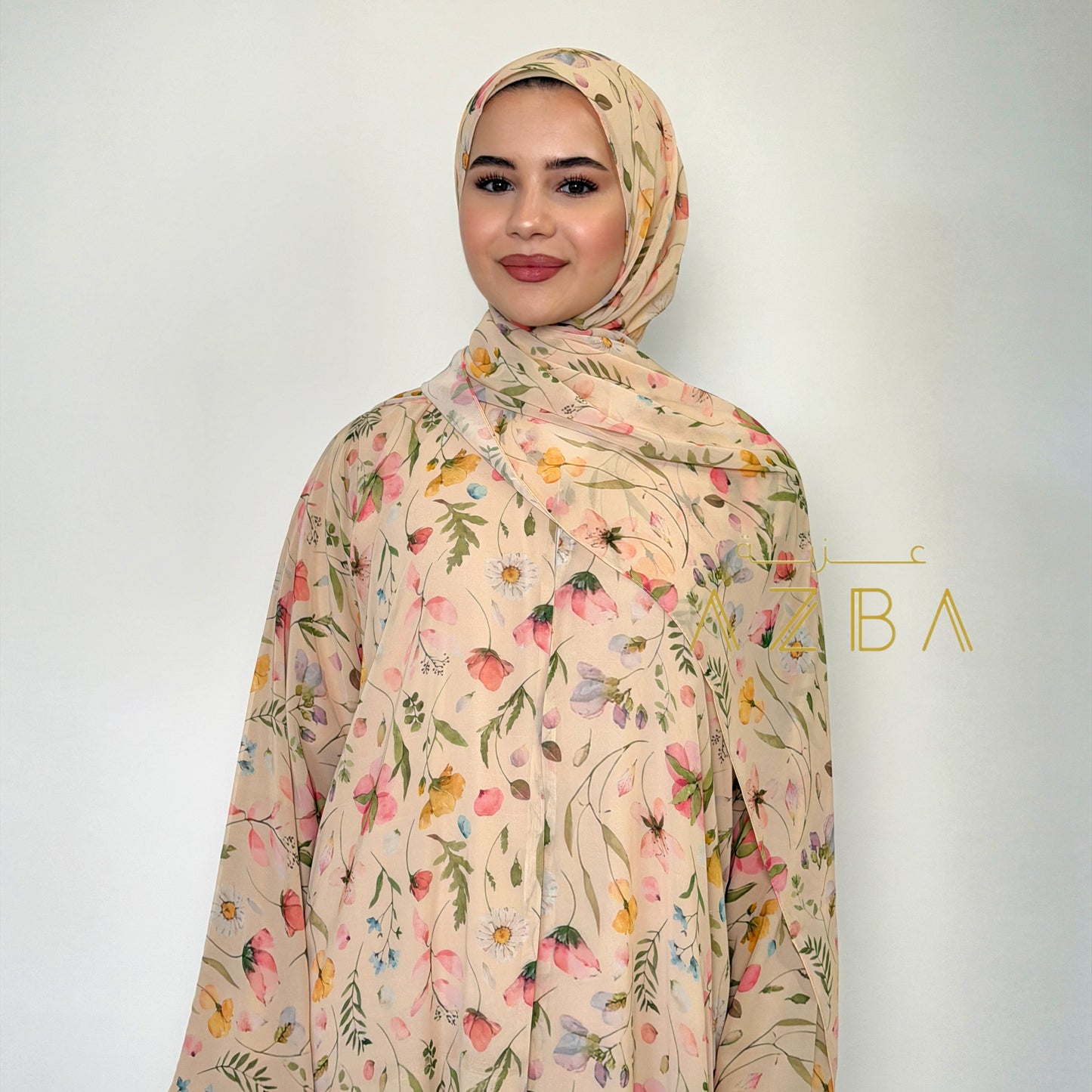 AZBA Floral Print Abaya with Matching Shawl, Elegant Double Chiffon Modest Dress for Women, Lightweight Flowy Muslim Wear, Spring Summer Eid Occasion Outfit, Beautiful Floral Abaya Set, Comfortable Everyday Modest Fashion, Perfect Gift for Her UK Boutique