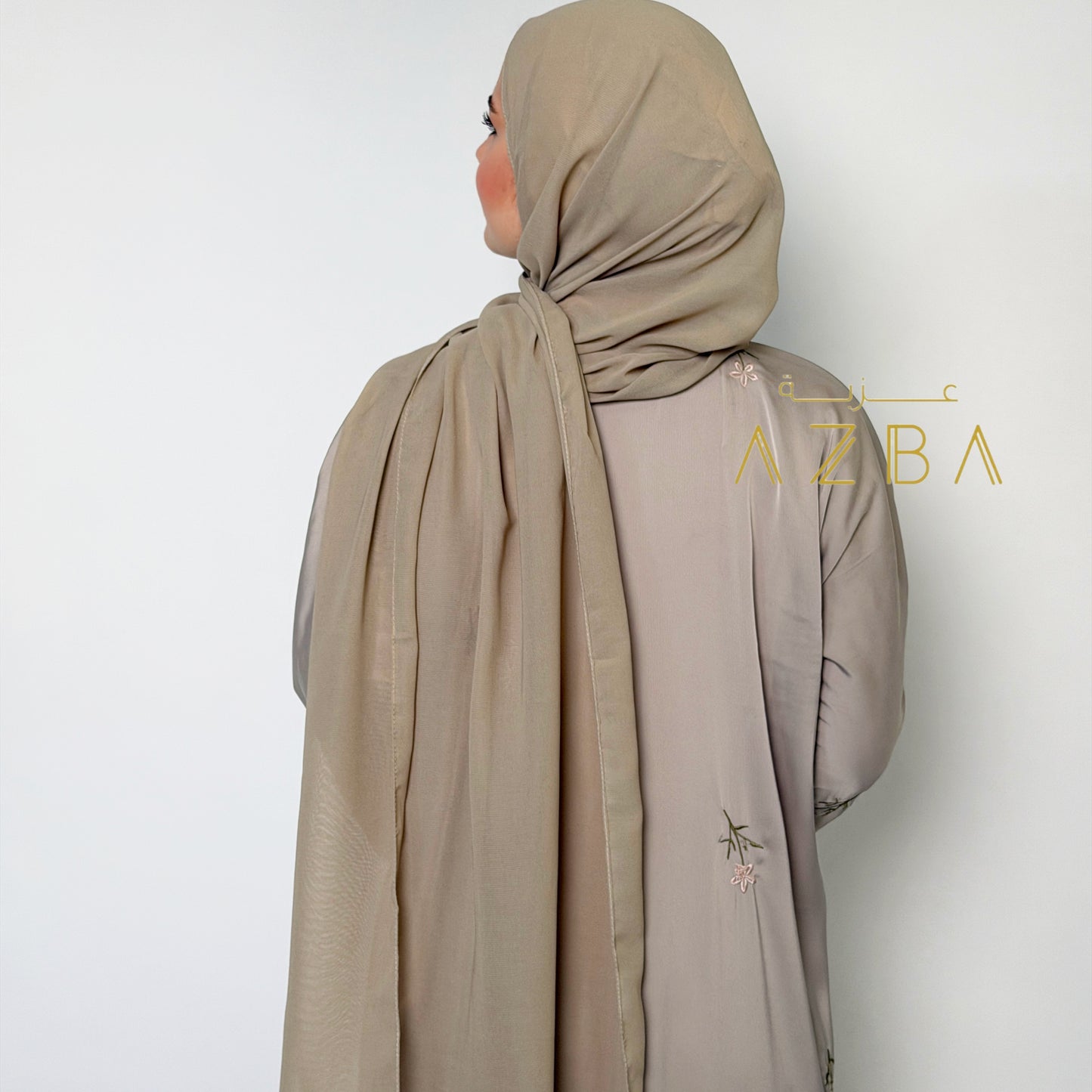 Azba Taupe Embroidered Nida Abaya with Matching Hijab