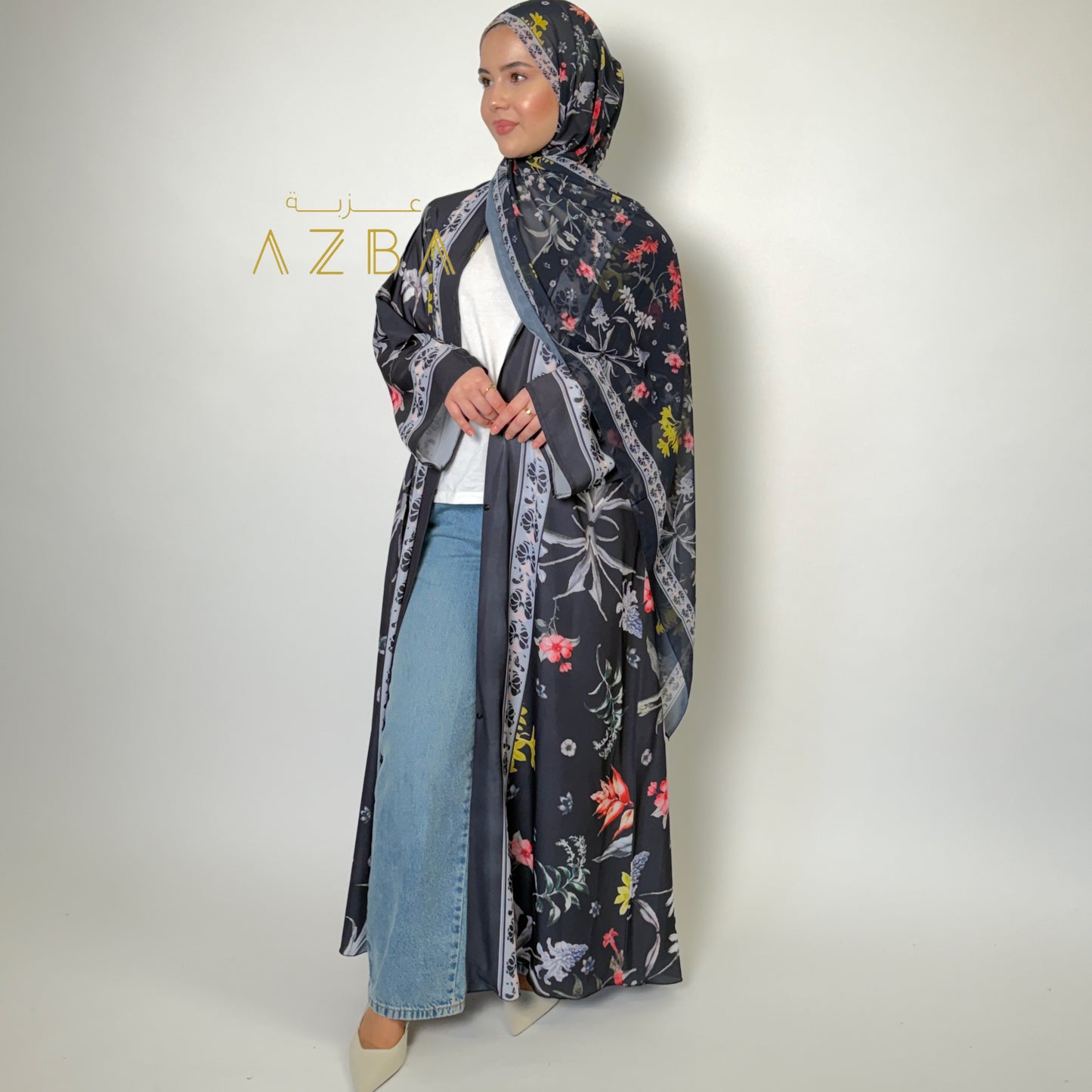 Azba Floral Print Abaya with Matching Shawl | Elegant All-Season Modest Wear Set
