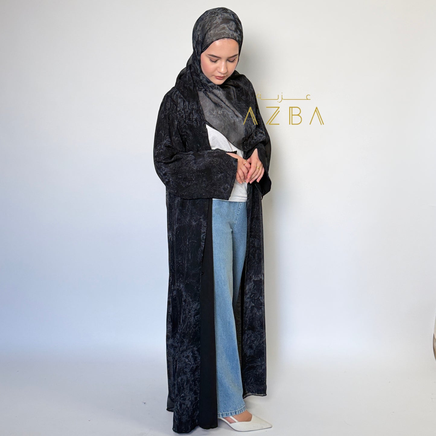 Navy Blue Marble Print Abaya with Matching Hijab | Modest Wear Set
