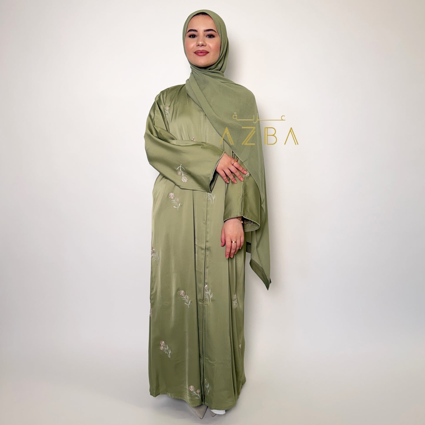 Azba Sage Green Embroidered Nida Abaya with Matching Hijab