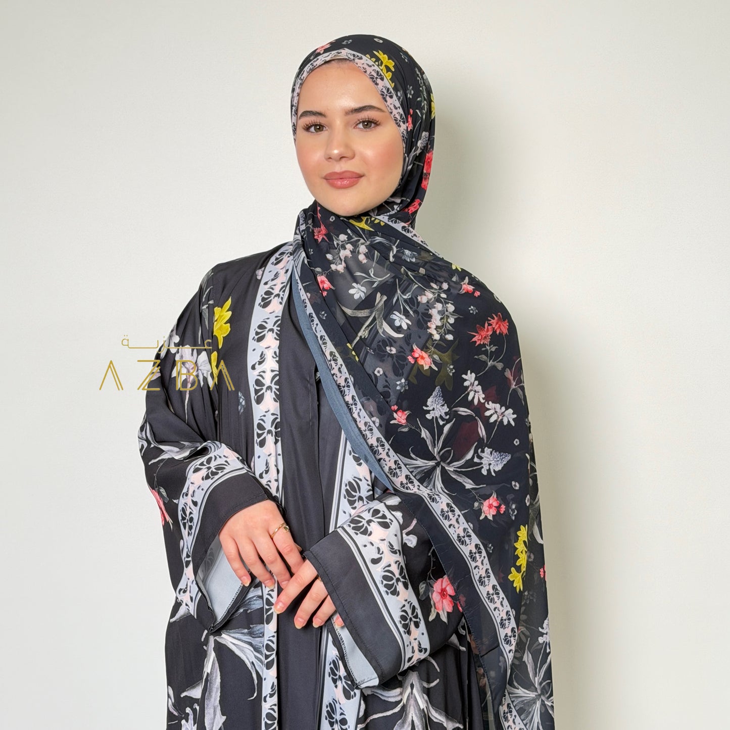 Azba Floral Print Abaya with Matching Shawl | Elegant All-Season Modest Wear Set