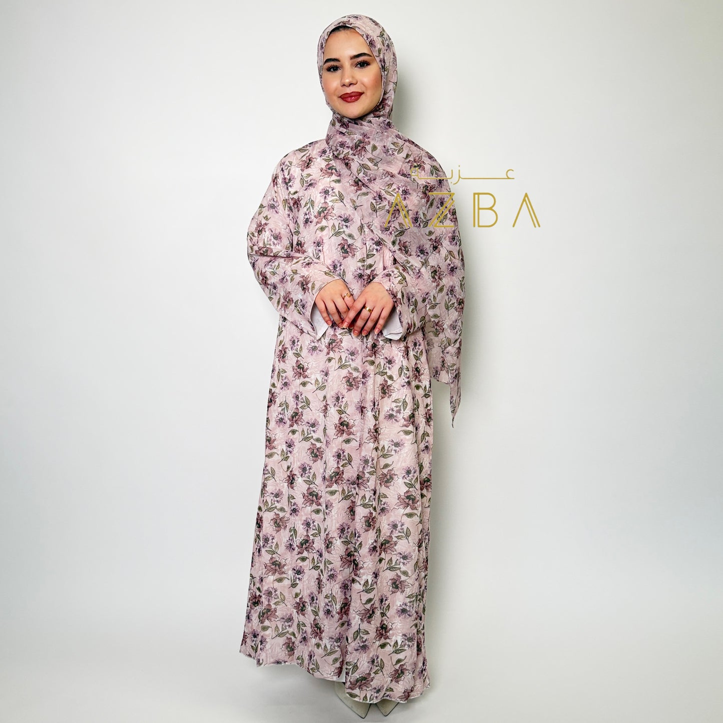 AZBA Pink Bloom Floral Abaya with Matching Shawl