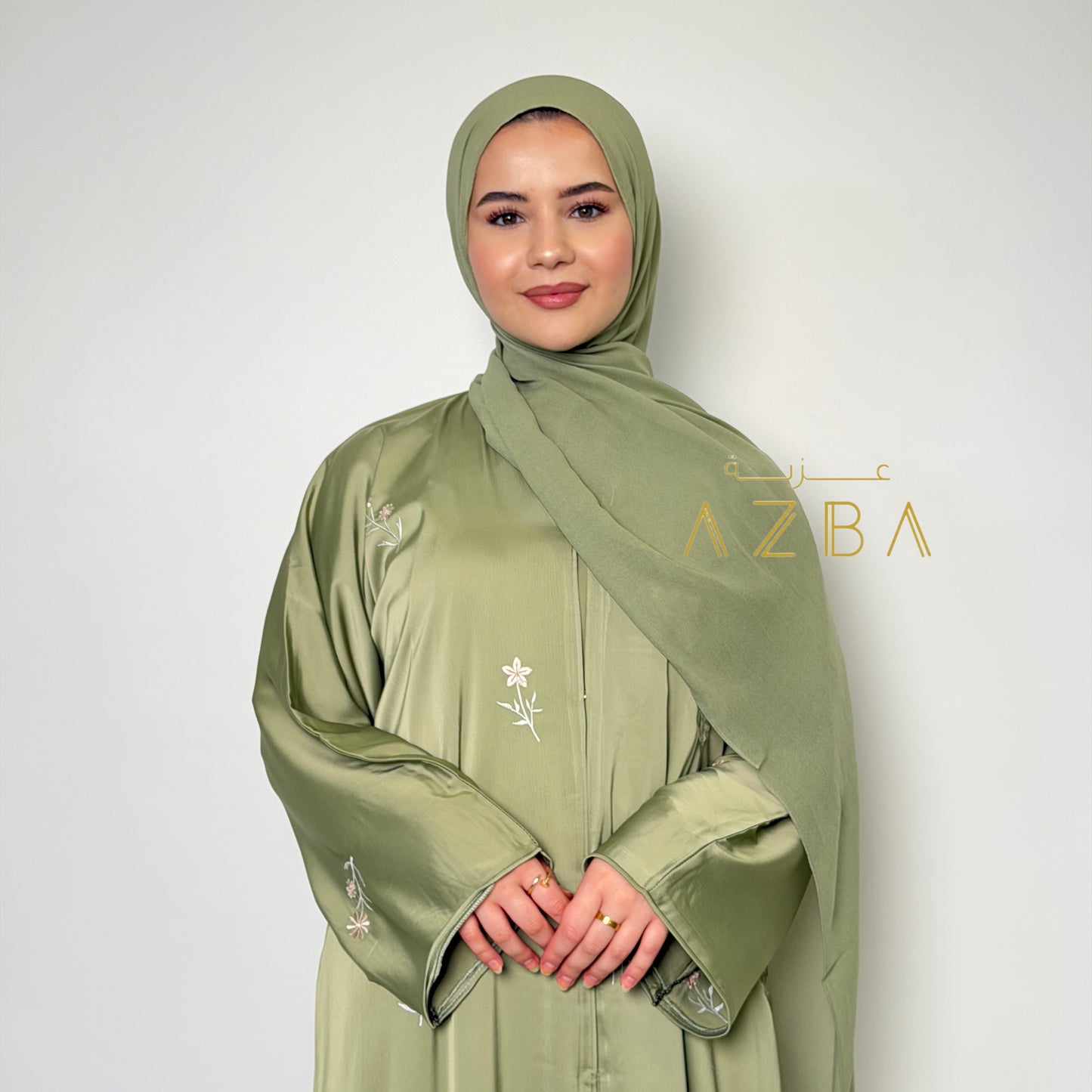 Azba Sage Green Embroidered Nida Abaya with Matching Hijab