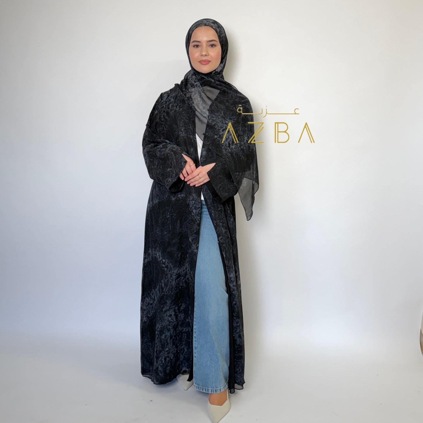 Navy Blue Marble Print Abaya with Matching Hijab | Modest Wear Set