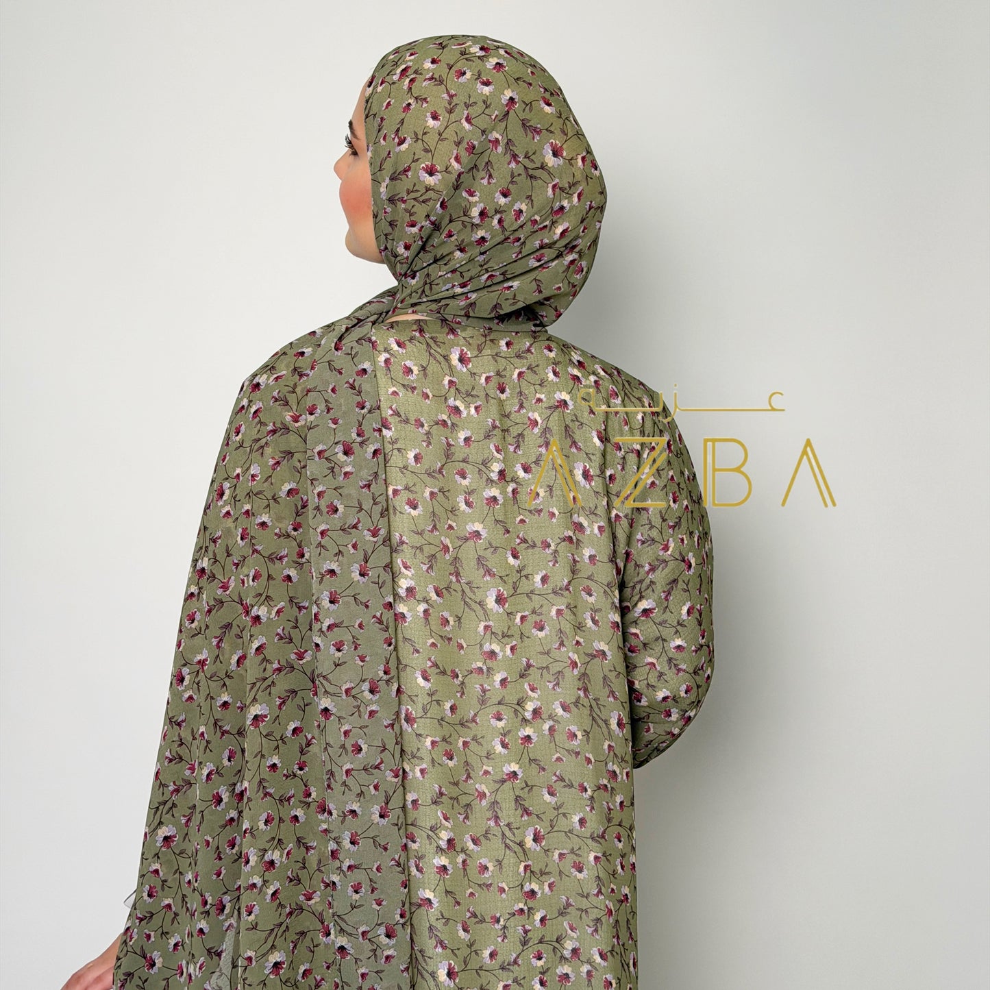 AZBA Olive Bloom Floral Abaya with Matching Hijab