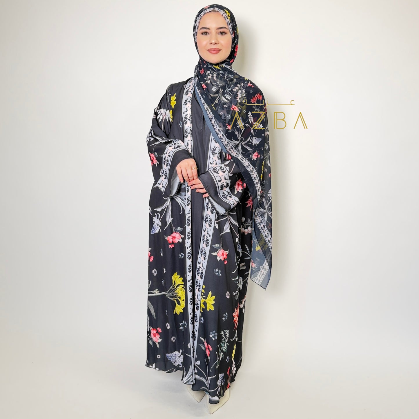 Azba Floral Print Abaya with Matching Shawl | Elegant All-Season Modest Wear Set