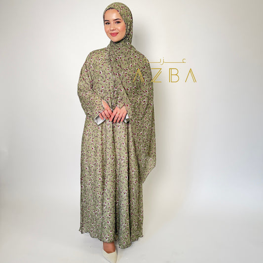 AZBA Olive Bloom Floral Abaya with Matching Hijab