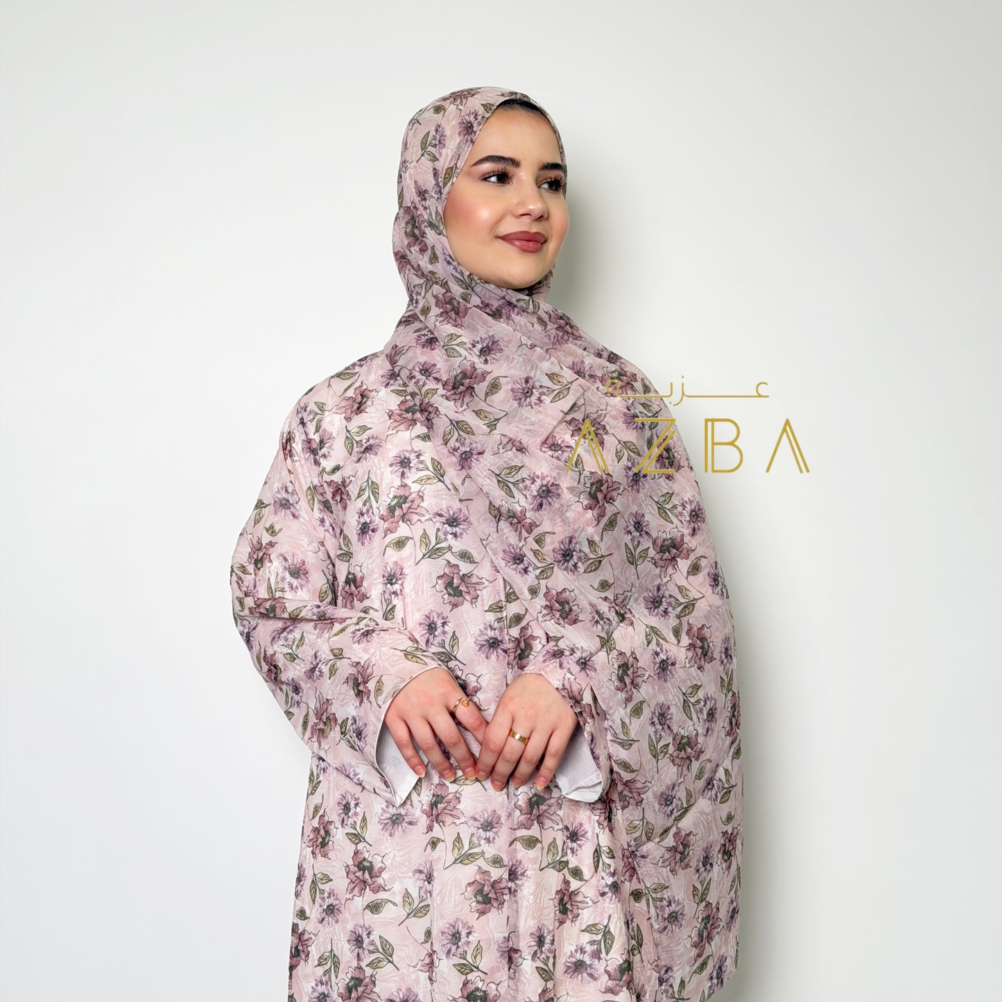 AZBA Pink Bloom Floral Abaya with Matching Shawl