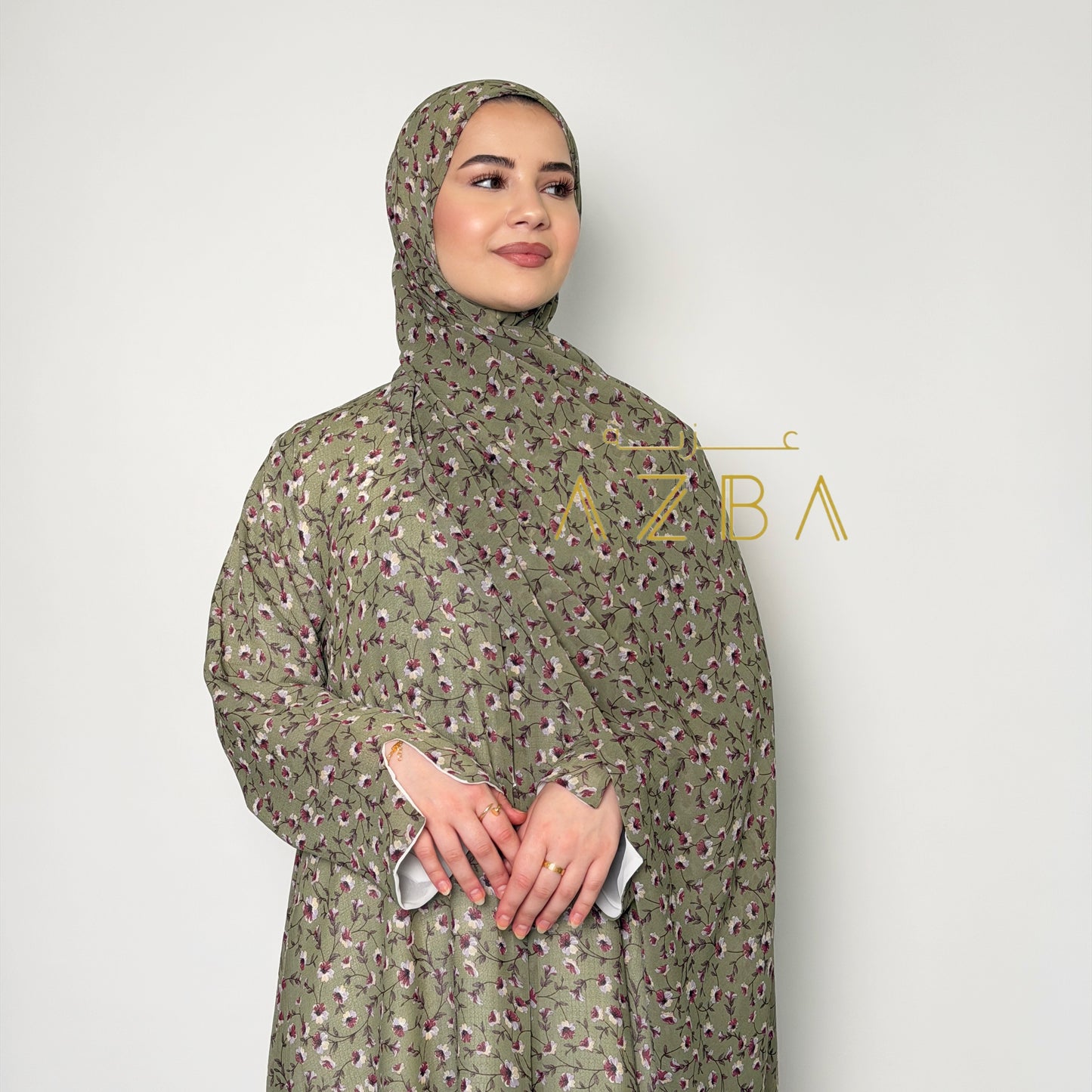 AZBA Olive Bloom Floral Abaya with Matching Hijab