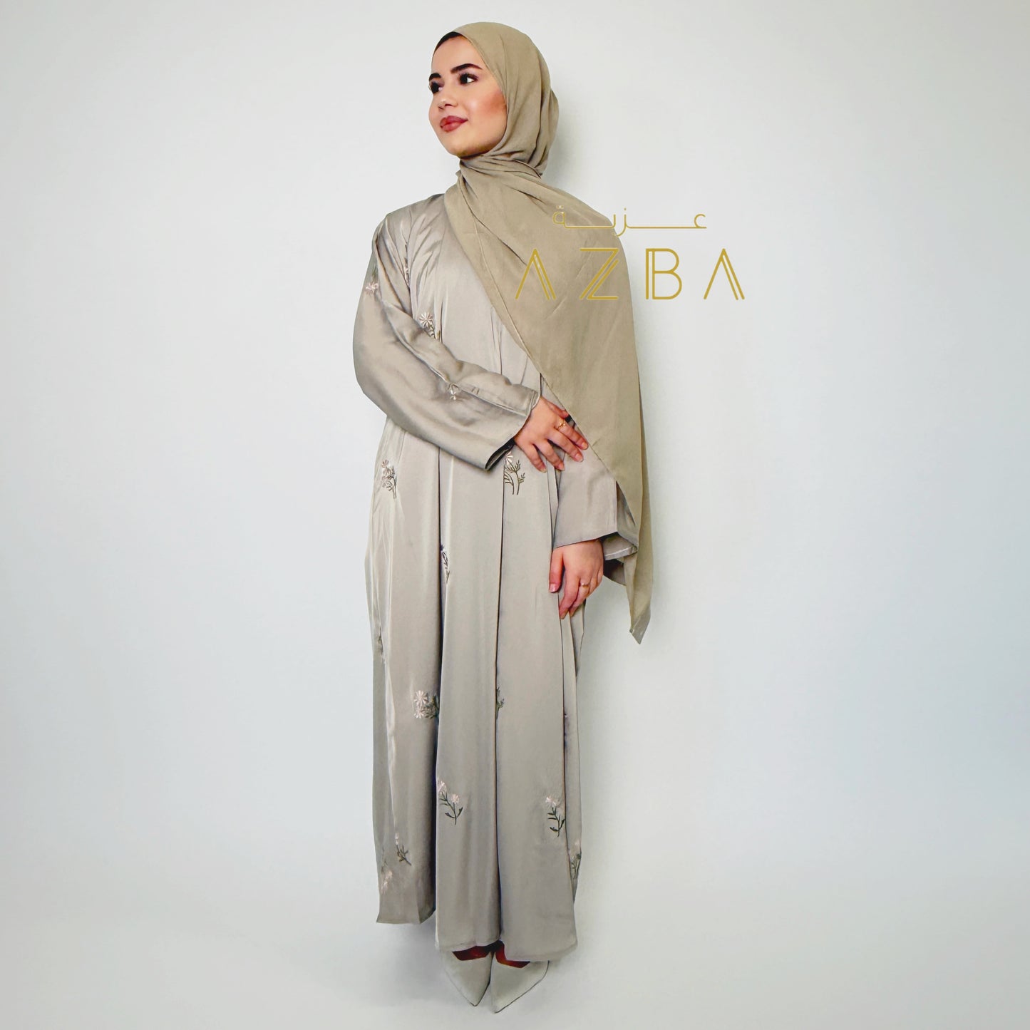 Azba Taupe Embroidered Nida Abaya with Matching Hijab
