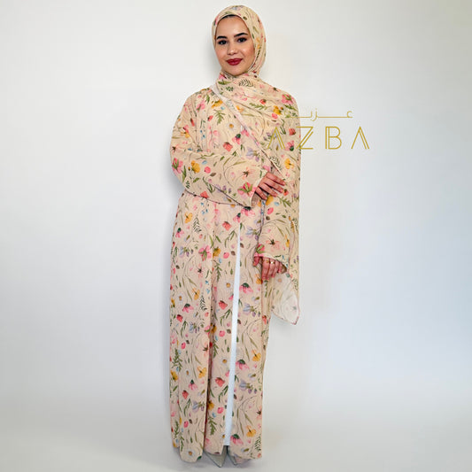 AZBA Floral Print Abaya with Matching Shawl, Elegant Double Chiffon Modest Dress for Women, Lightweight Flowy Muslim Wear, Spring Summer Eid Occasion Outfit, Beautiful Floral Abaya Set, Comfortable Everyday Modest Fashion, Perfect Gift for Her UK Boutique