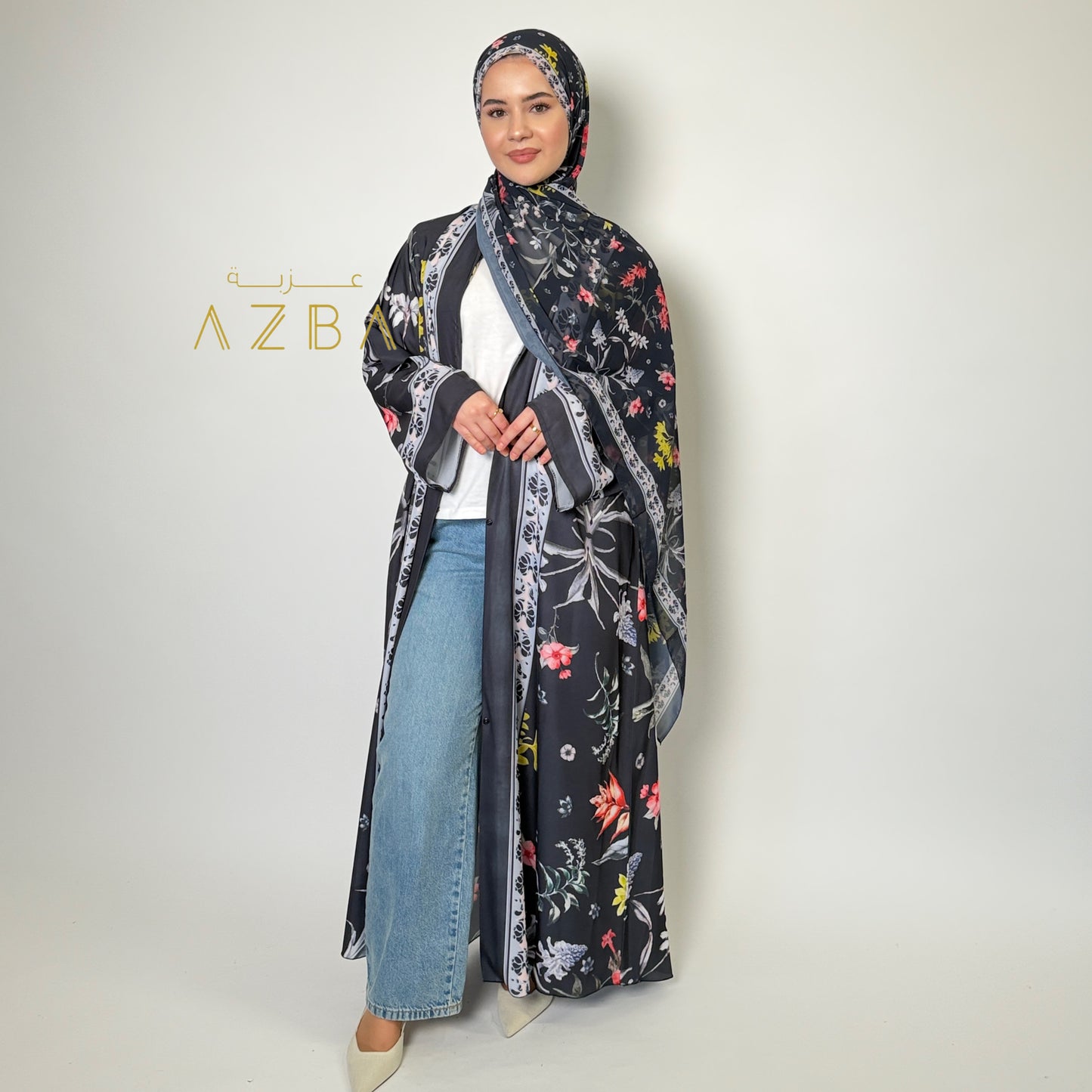 Azba Floral Print Abaya with Matching Shawl | Elegant All-Season Modest Wear Set