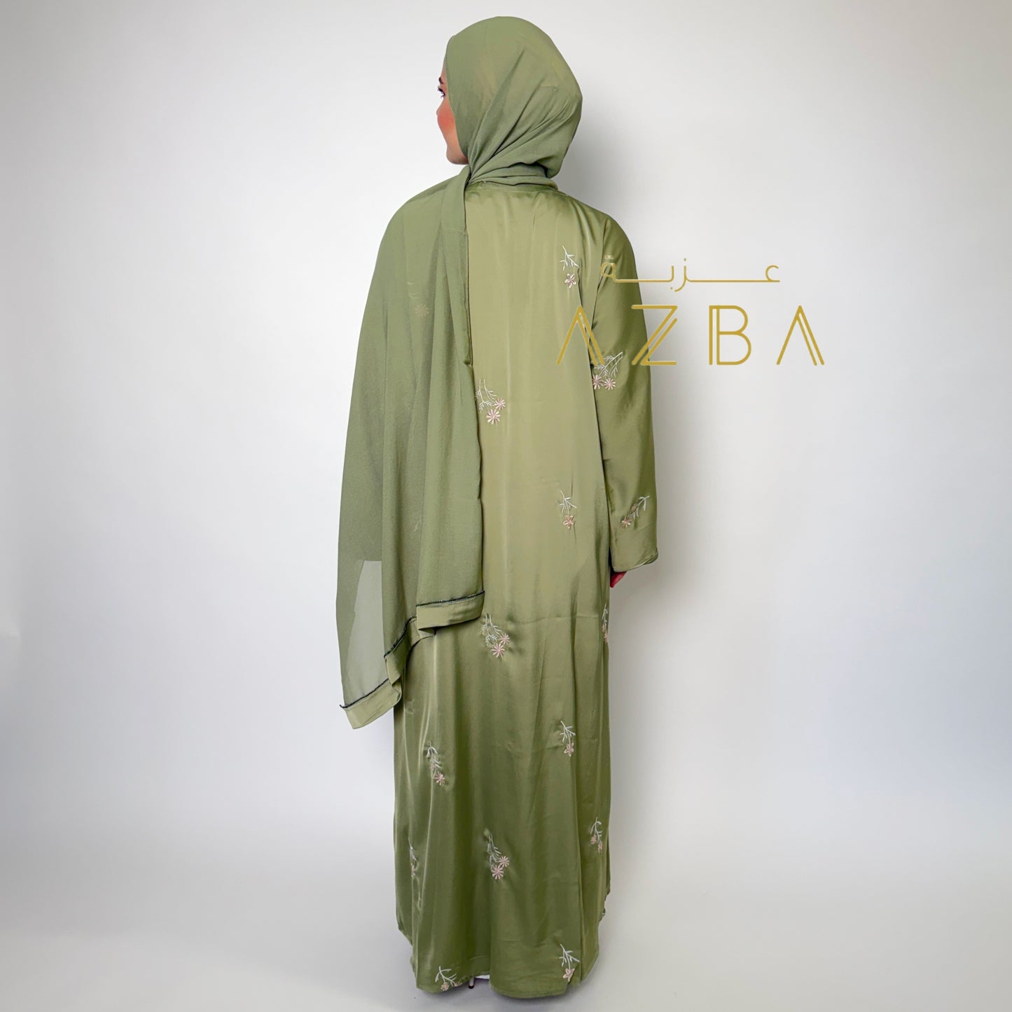 Azba Sage Green Embroidered Nida Abaya with Matching Hijab
