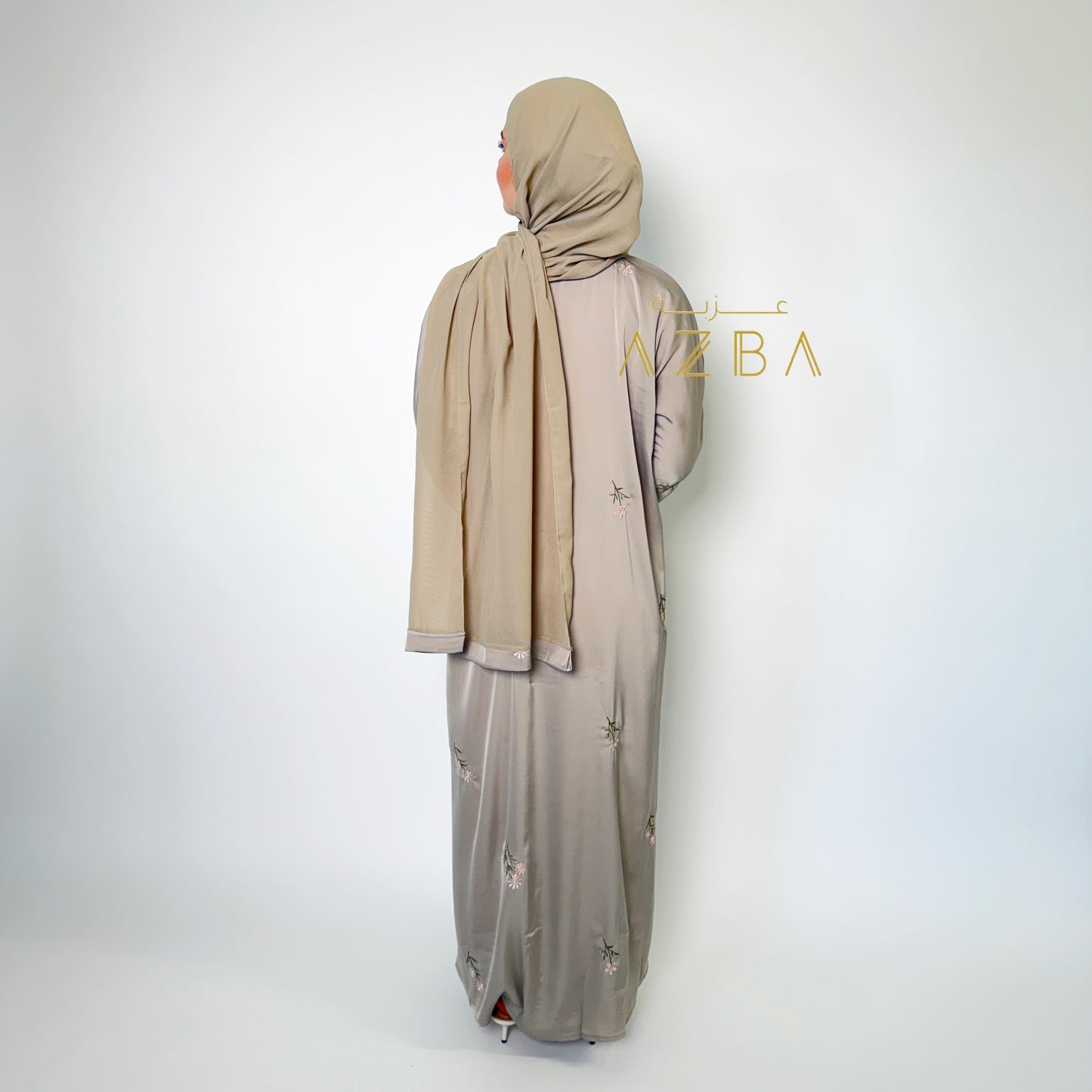 Azba Taupe Embroidered Nida Abaya with Matching Hijab