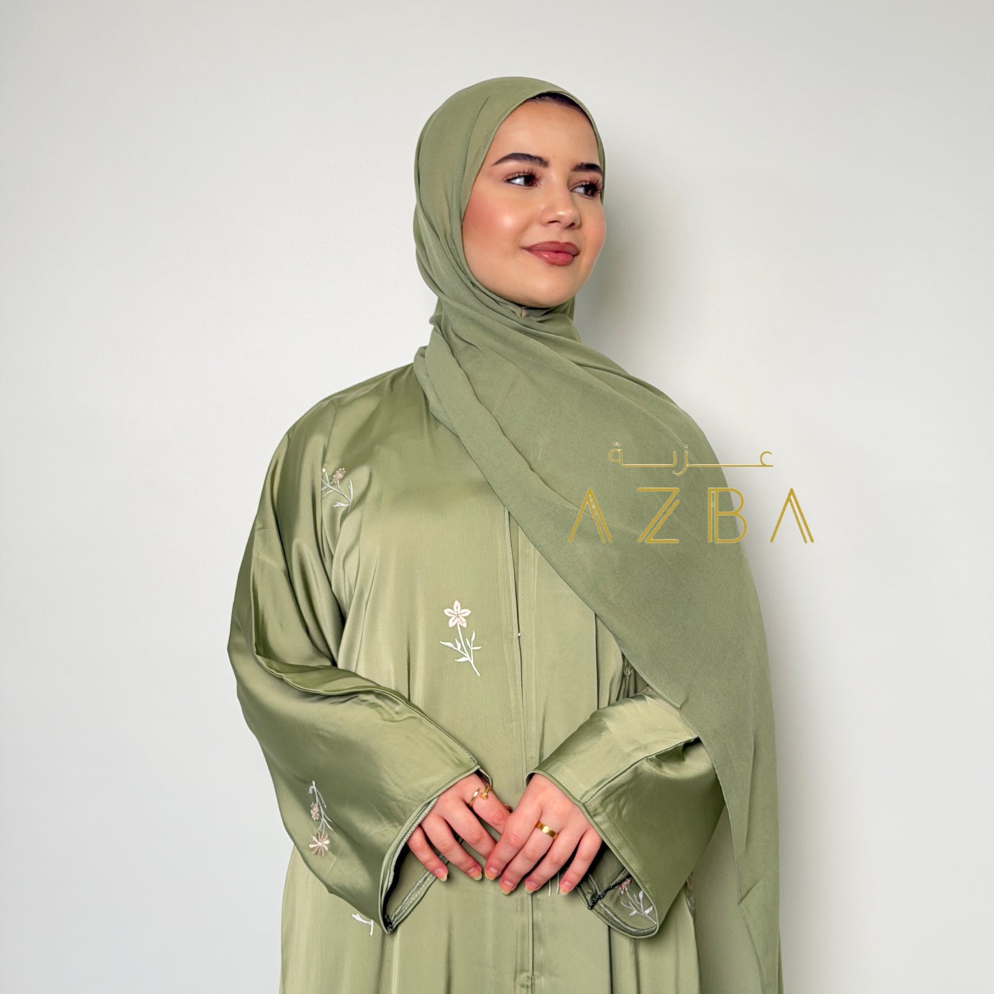 Azba Sage Green Embroidered Nida Abaya with Matching Hijab