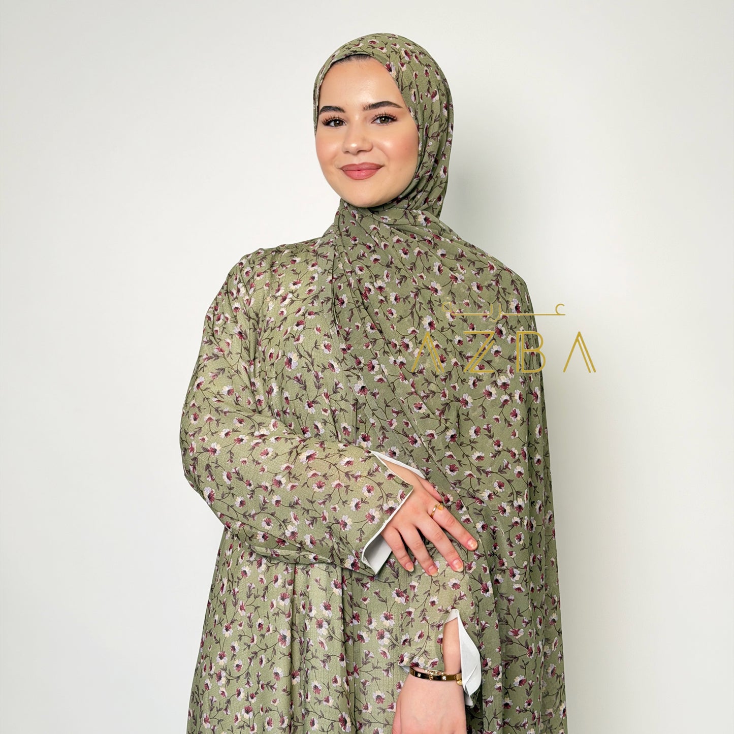 AZBA Olive Bloom Floral Abaya with Matching Hijab