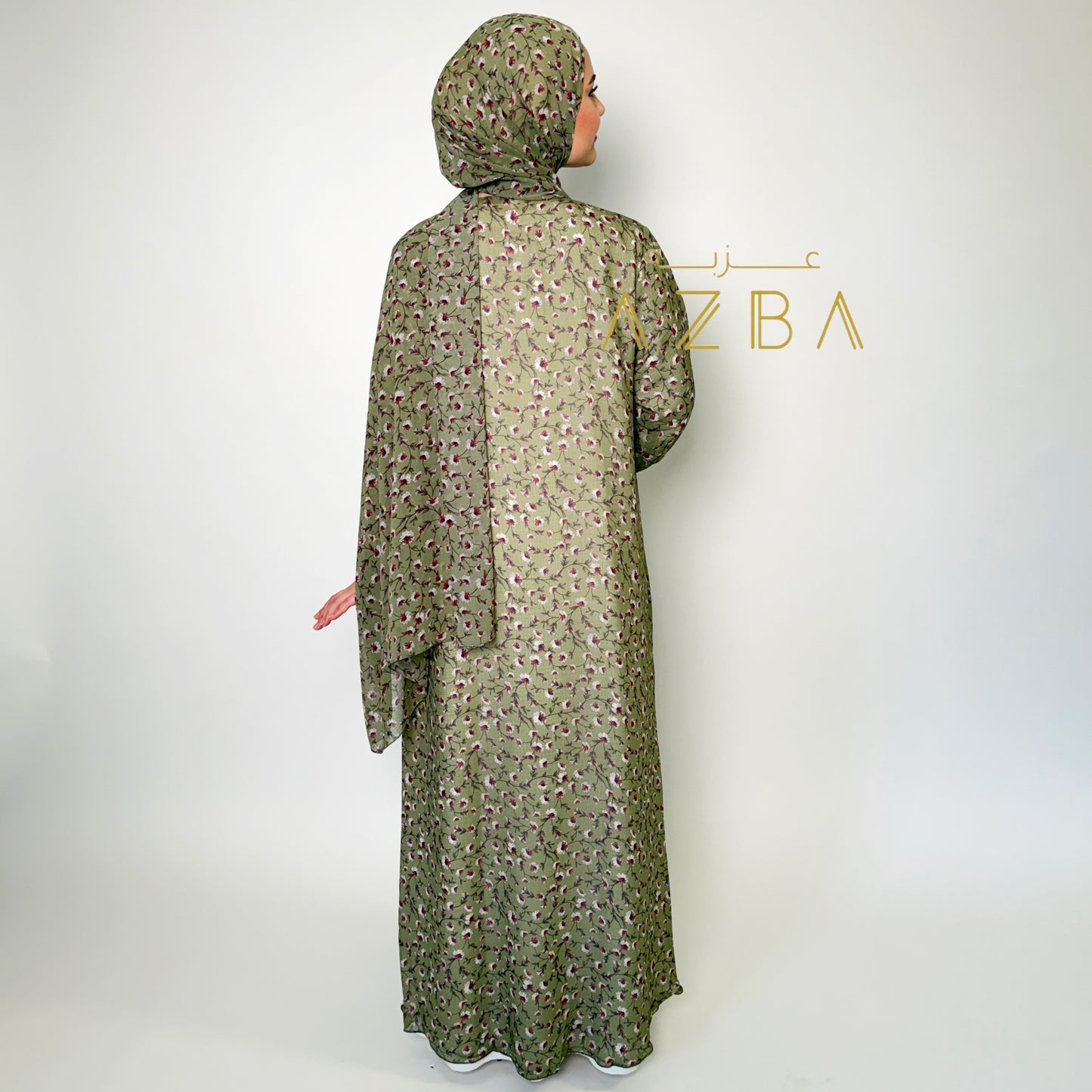 AZBA Olive Bloom Floral Abaya with Matching Hijab