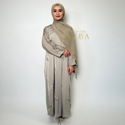 Azba Taupe Embroidered Nida Abaya with Matching Hijab