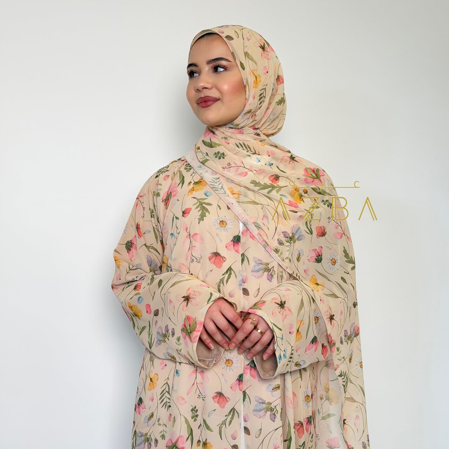 AZBA Floral Print Abaya with Matching Shawl, Elegant Double Chiffon Modest Dress for Women, Lightweight Flowy Muslim Wear, Spring Summer Eid Occasion Outfit, Beautiful Floral Abaya Set, Comfortable Everyday Modest Fashion, Perfect Gift for Her UK Boutique