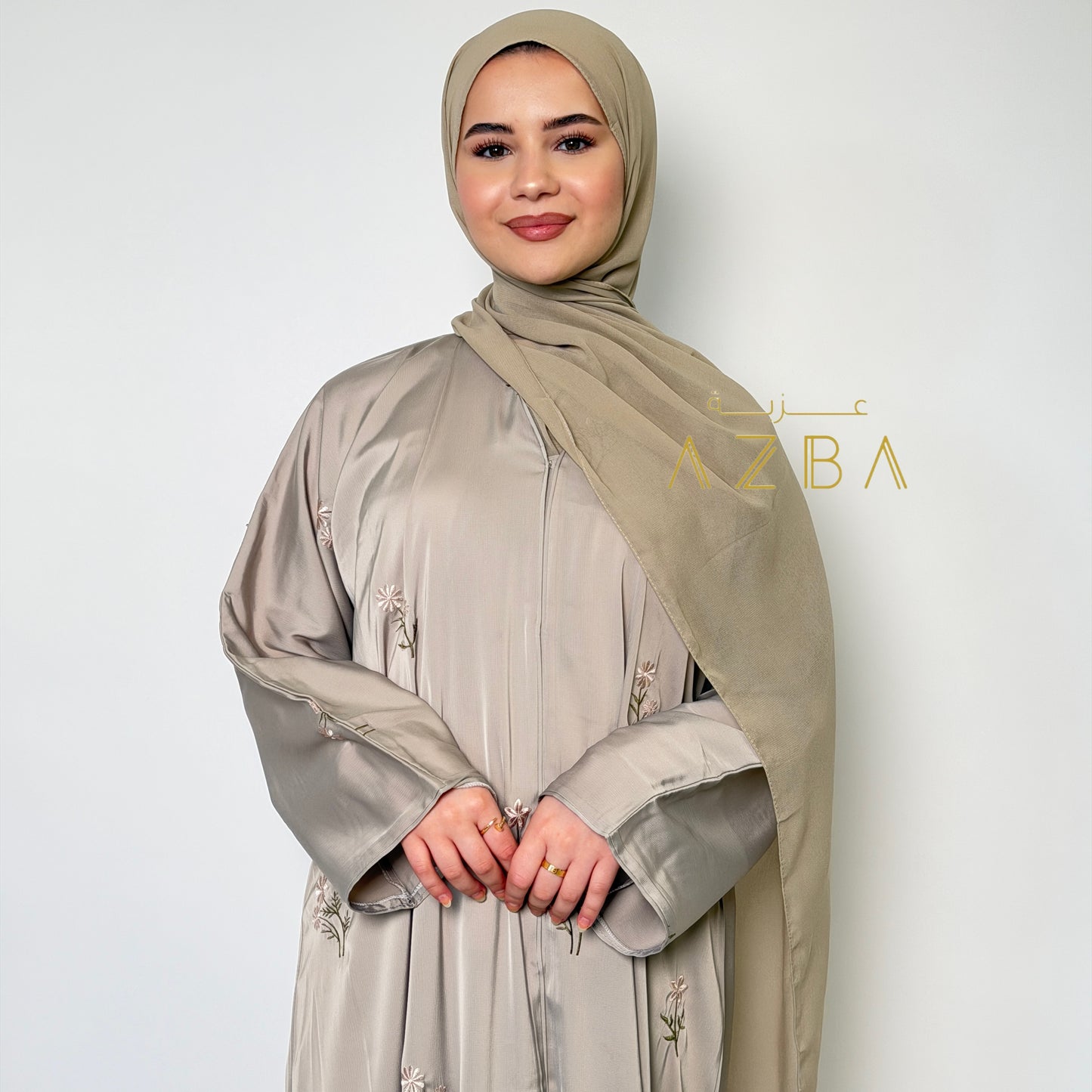 Azba Taupe Embroidered Nida Abaya with Matching Hijab
