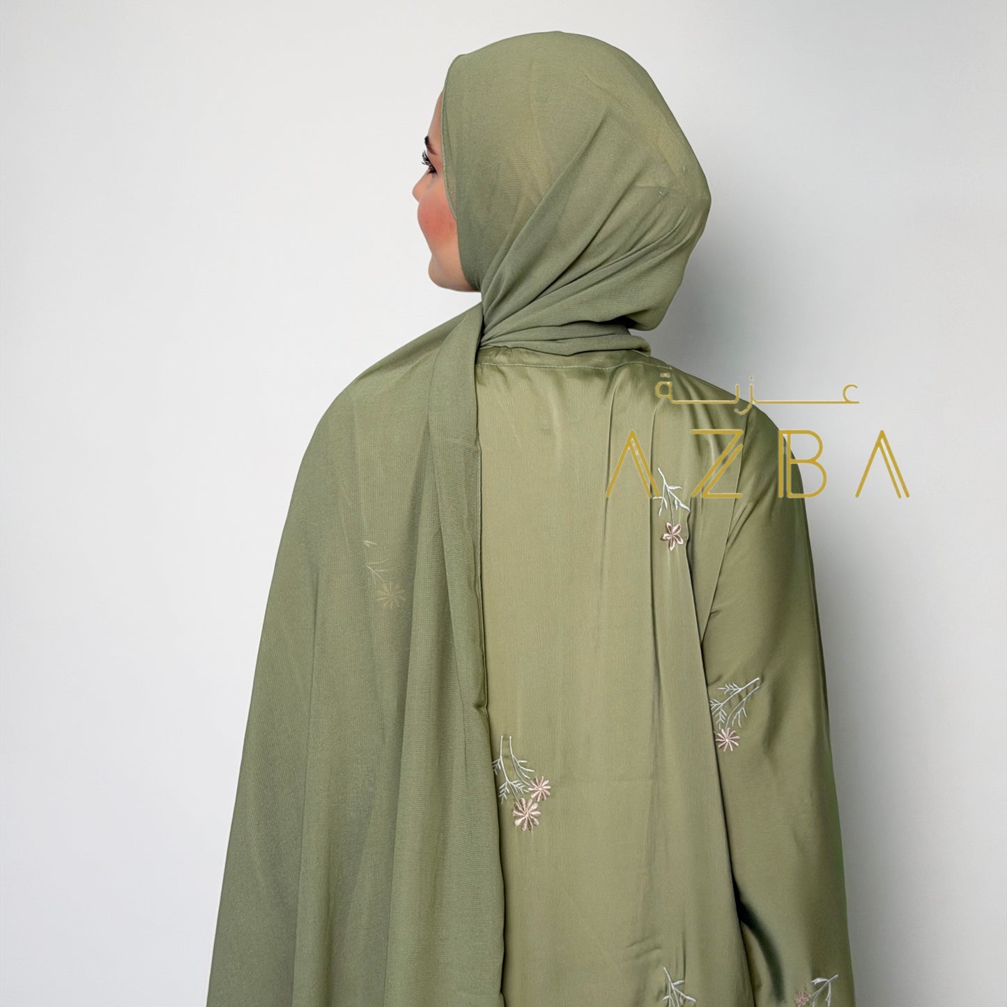 Azba Sage Green Embroidered Nida Abaya with Matching Hijab