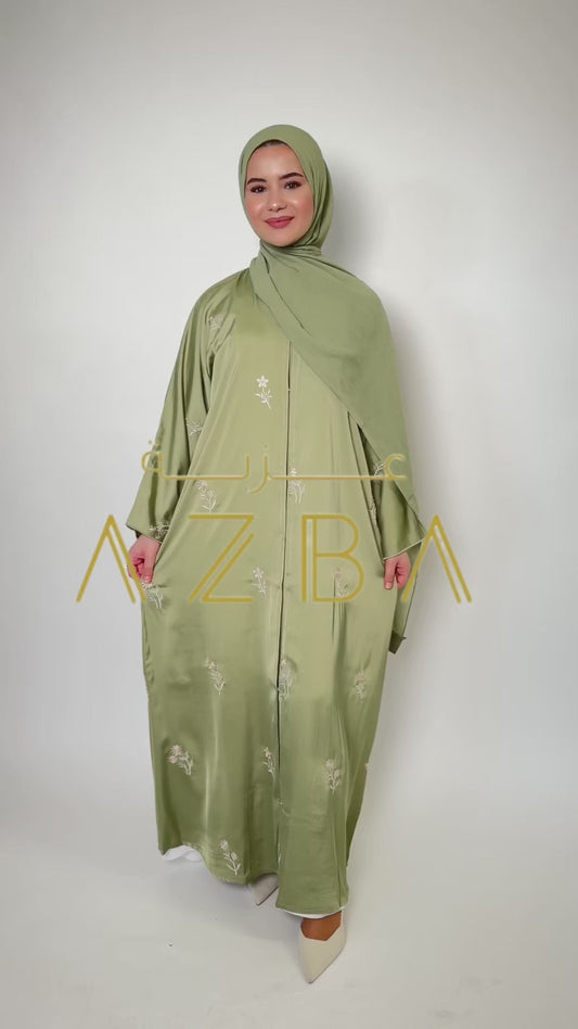 Azba Sage Green Embroidered Nida Abaya with Matching Hijab