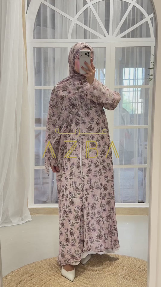 AZBA Pink Bloom Floral Abaya with Matching Shawl